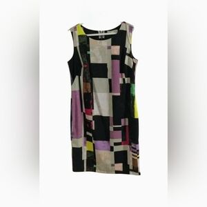 Cleo Petites Geometric Gray Purple Print Sheath  Black Dress Sz 10